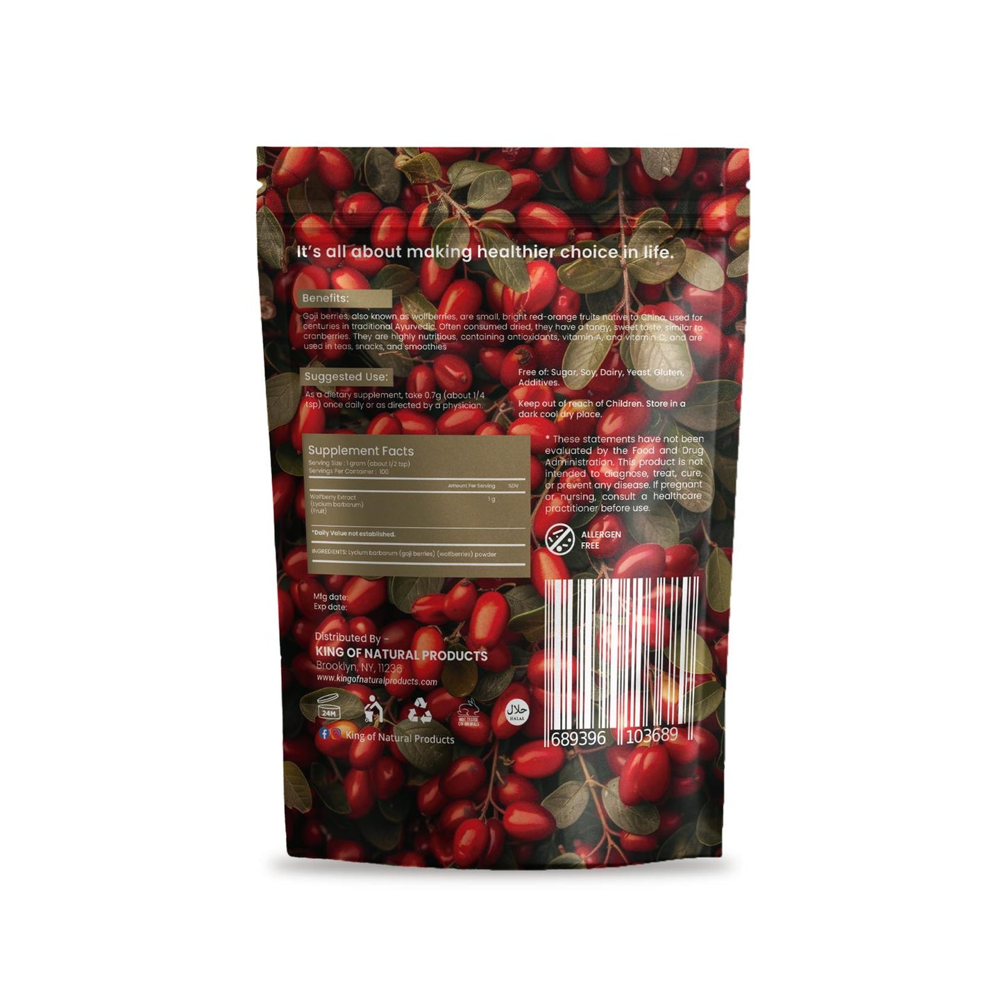 GOJI BERRY POWDER - NATURAL - HERBAL - VEGAN - HALAL. PLANT BASED DIATERY SUPPLEMENT.